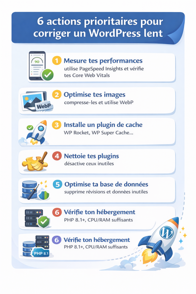 Infographie listant les 6 actions prioritaires pour corriger un WordPress lent : mesurer les performances, optimiser les images, installer un cache, nettoyer les plugins, optimiser la base de données et vérifier l’hébergement.