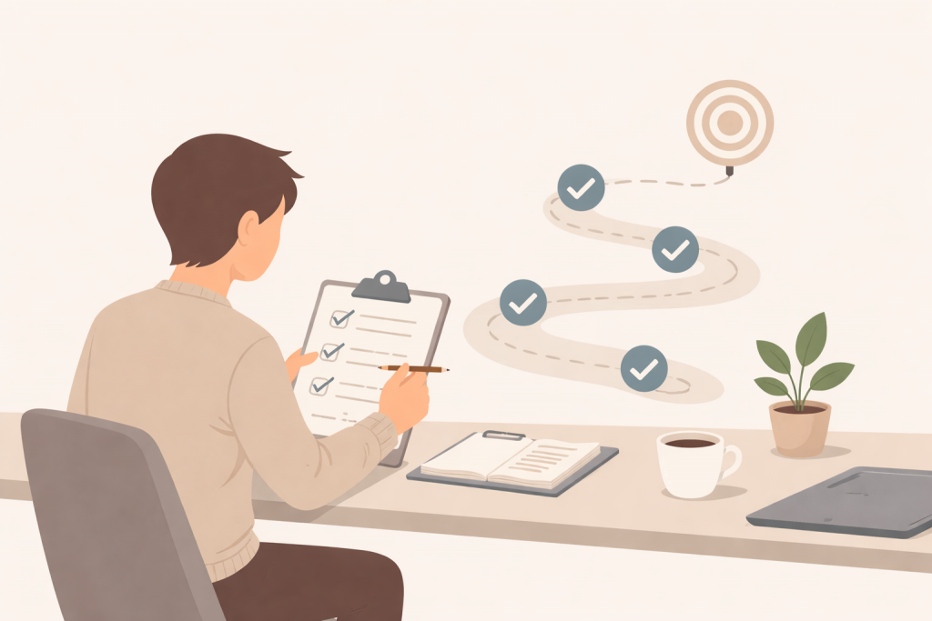 Illustration montrant un freelance qui avance étape par étape pour corriger les blocages d’attraction client