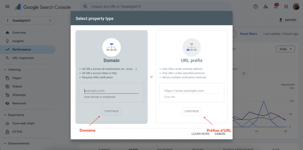 Écran de sélection du type de propriété dans Google Search Console : domaine ou préfixe d’URL.