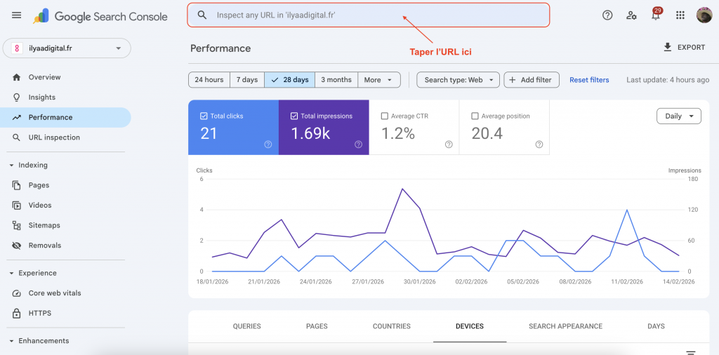 Outil Inspection d’URL dans GSC pour vérifier l’état d’indexation d’une page.