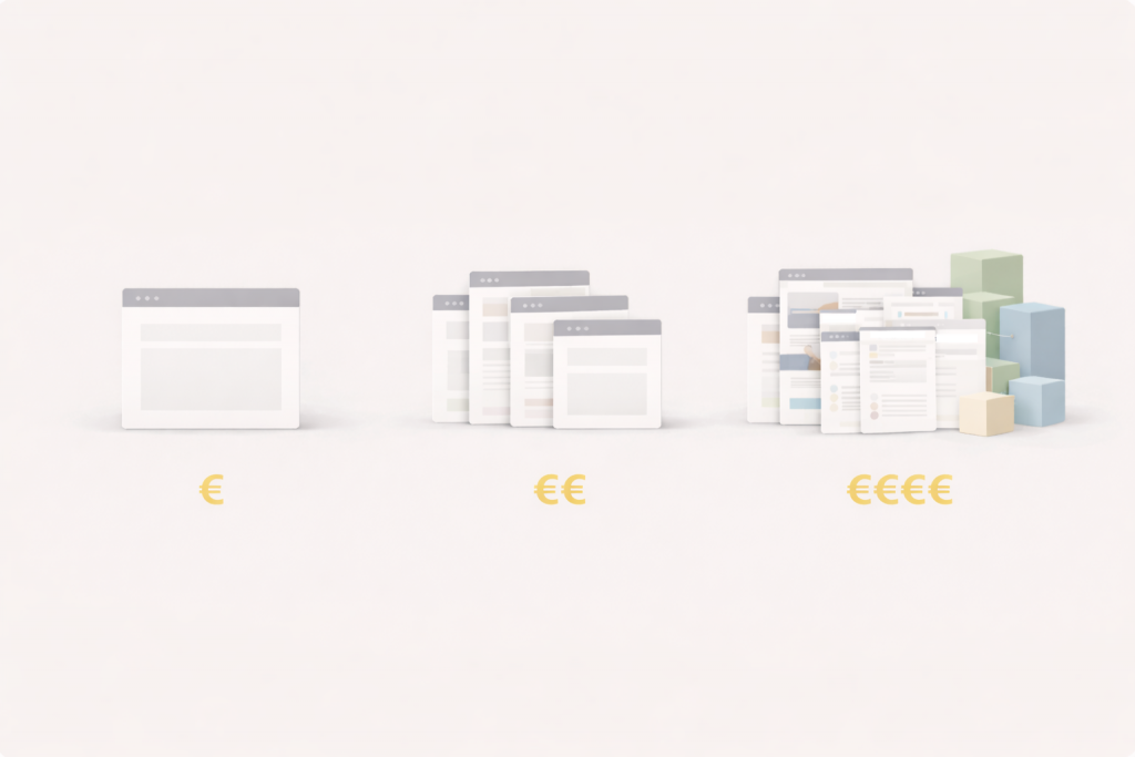 Illustration comparant la complexité d’un site vitrine selon le nombre de pages : 1 page, 5 pages et 10 pages ou plus, avec progression visuelle du niveau de structure et de contenu.
