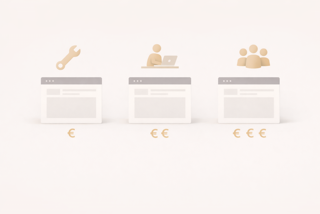 Illustration comparant les différentes options pour créer un site internet : autonomie, freelance ou agence.