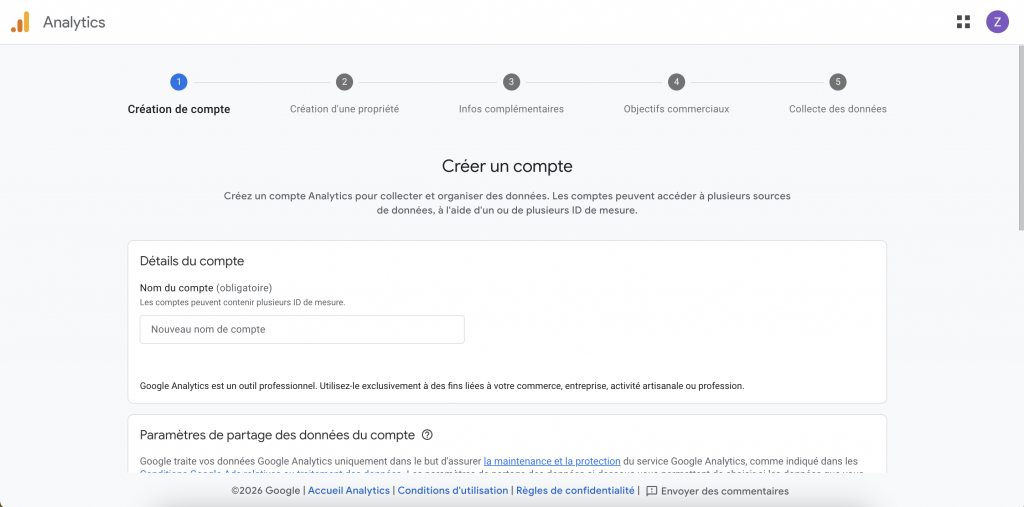 Capture d'écran de la page permettant de créer un compte Google Analytics GA4