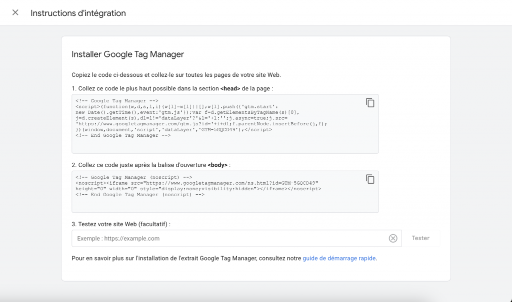 Extrait de code google tag manager à coller dans la balise head de son site WordPress